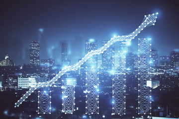 Financial graph on night city scape with tall buildings background multi exposure. Analysis concept.