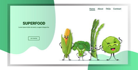 cute fresh corn cabbage asparagus and cabbage characters standing together tasty mascot vegetable personages healthy food concept horizontal copy space vector illustration