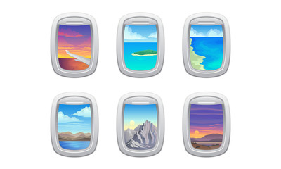 Picturesque View from Airplane Window or Porthole Vector Set