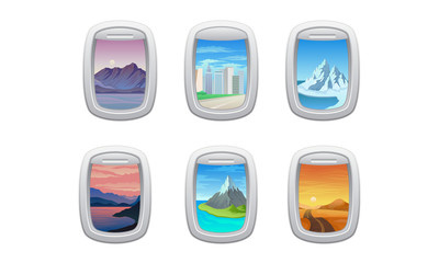 Picturesque View from Airplane Window or Porthole Vector Set