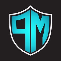 PM Logo monogram with shield shape isolated blue colors on outline design template