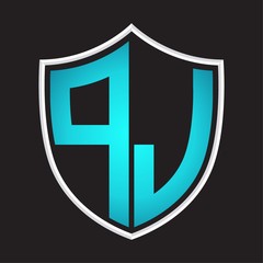 PJ Logo monogram with shield shape isolated blue colors on outline design template