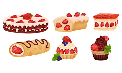 Delicious Cakes and Desserts with Berry and Chocolate Toppings Vector Set