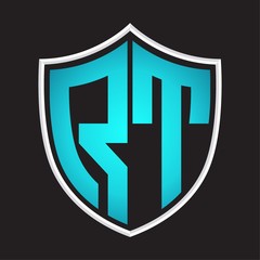 RT Logo monogram with shield shape isolated blue colors on outline design template