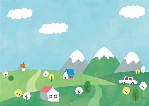山と家と車イラストカラフル水彩風