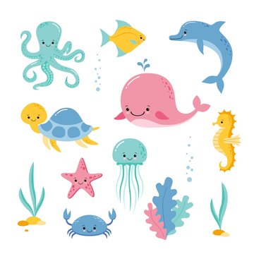 Cute sea creatures and animals vector icons isolated on white background. Kawaii style