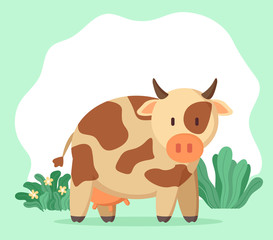 Domestic animal with horns and spots on coat. Creature giving milk to people, cute cow and landscape. Mammals on nature with greenery of grass and bushes. Cattle of countryside, vector in flat