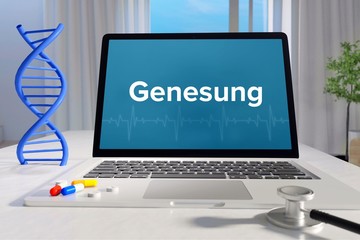 Genesung – Medizin, Gesundheit. Computer im Büro mit Begriff auf dem Bildschirm. Arzt, Krankheit, Gesundheitswesen