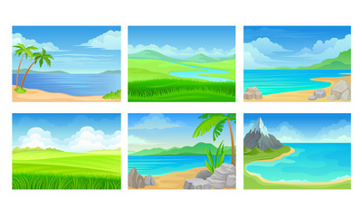 Beach and Mountain Scenes and Landscapes Vector Set