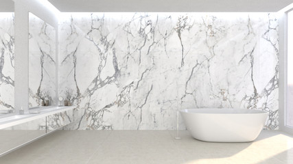 Naklejka na ściany i meble Bathroom modern interior.3d rendering.minimal room design concept.marble stone floor and bathtub decoration.Luxury bathroom interior with white marble walls and a long counter.