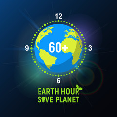 Earth Hour banner. Saving the planet, environmental action. Globe in the form of a clock on a light background.