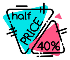 Half price on products in shops, up to 40 percent off. Sale promotion on colorful stickers. Pink and blue advertising labels isolated. Simple outline tags with caption. Vector illustration in minimal