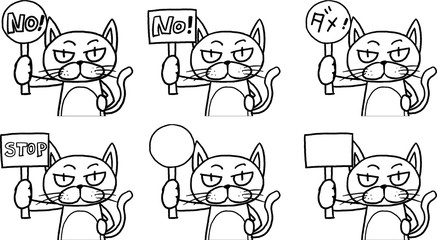 ネコ、プラカード、セット、モノクロ、ベクター、看板、反対、No,抗議、意思表示、猫、カワイイ、可愛い、白黒、動物、組合せ、マンガ、コミック、イラスト、線画、ペン画、ひとそろい、キャラクター、