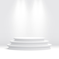 White round podium. Pedestal and spotlights. Vector illustration.