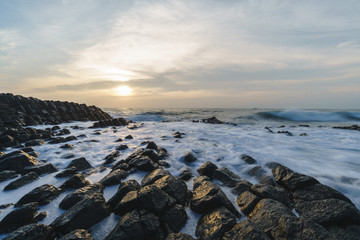 Seascape and ocean waves with unique basalt geology, natural landscapes at Zhangzhou Volcanic park at Sunrise, Fujian, China