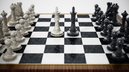 Chessboard with black and white kings facing each other. 3D illustration