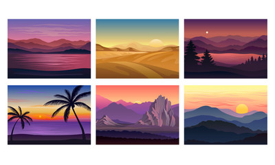 Sunset Landscapes and Scenes with Mountains and Seaside Vector Set