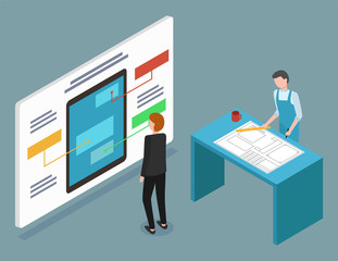 Man looking at presentation of web design. Board with mockup of mobile, tablet application. Guy stand near table with plan of project. Person work on engineering process. Vector illustration in flat