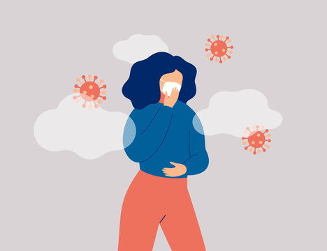 Sick woman surround microbes is wearing face mask. Concept of Coronavirus epidemic and viral infectious disease. Vector illustration.
