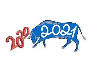 2021 year of the bull. Blue bull attacks the old year . Bull symbol of the year 2021.