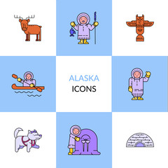 Arctic animals and Eskimos. Vector linear icons.