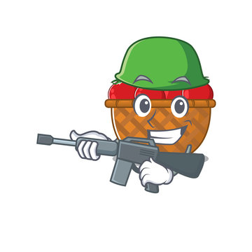 A picture of tomato basket as an Army with machine gun