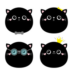Cat ktten face icon set. Kids print poster, t-shirt. Cute black kawaii kitty animal. Crown, glassess, bow, sunglasses. Cartoon funny baby. Love Scandinavian style. Flat design. White background.