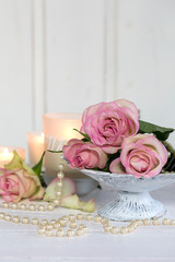 Romantic Roses Still Life With Pearls And Candles