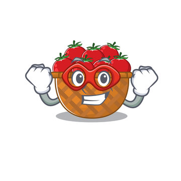 A picture of tomato basket in a Super hero cartoon character