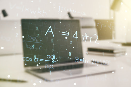 Creative scientific formula hologram on modern laptop background, research concept. Multiexposure