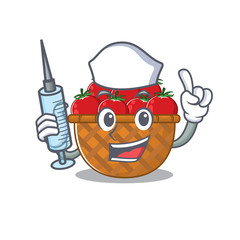 Friendly nurse of tomato basket mascot design holding syringe