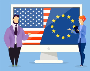 Business meeting of representatives of european country and united states. Man and woman standing by screen with eu and us flags. Male and female discussing problems of companies vector in flat
