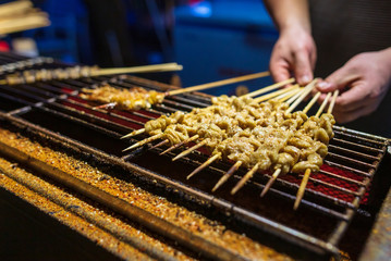 Fototapeta na wymiar Seafood on wooden sticks for grilling.