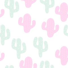 Vector seamless pattern with different cactus. Bright repeated texture with green cacti.