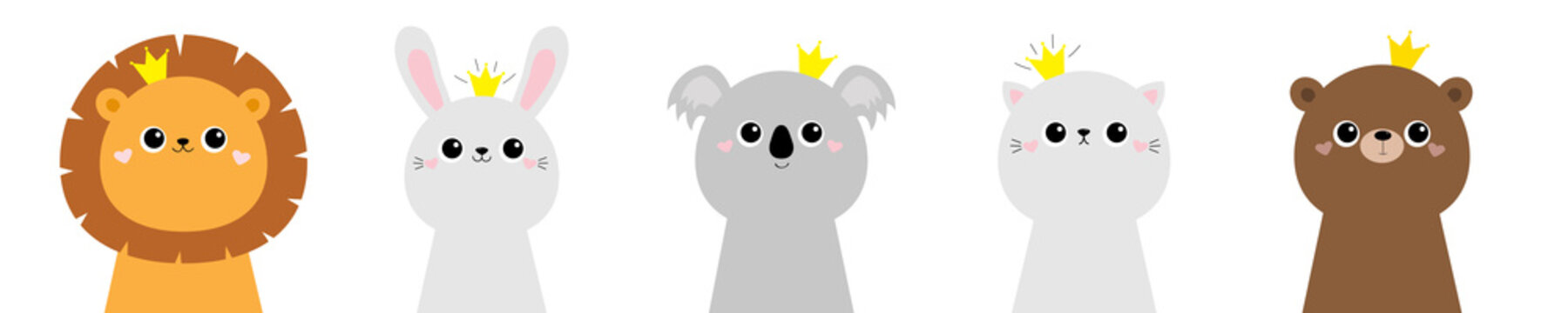 Lion koala bear cat bunny rabbit hare face head icon set. Scandinavian style. Golden crown. Cute kawaii cartoon funny baby character. Kids print poster, t-shirt. Love Flat White background
