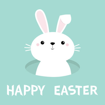 Happy Easter. White bunny in rabbit hole. Cute cartoon kawaii funny baby character. Farm animal. White long ears. Spring greeting card. Isolated. Blue background. Flat design