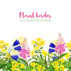 Watercolor seamless border, wild yellow, pink and blue