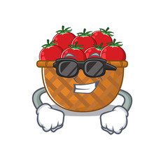Super cool tomato basket mascot character wearing black glasses