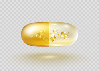 Gold bubble isolated on transparent background. Cosmetic vitamin capsule or oil pill. Vector golden 3d serum collagen sphere..