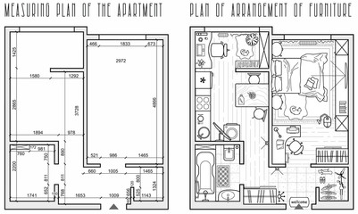 Architectural measuring plan of apartment and floor plan of arrangement of furniture (view from above). Vector interior house in top view. Vector blueprint - obrazy, fototapety, plakaty
