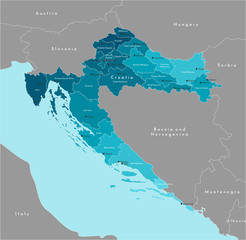 Vector modern illustration. Simplified administrative map of Croatia and borders with neighboring countries. Blue background of Adriatic Sea. Names of croatian cities and counties (regions)