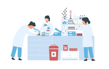 Group of scientists in white coat working in science lab vector flat illustration. Man and woman researchers conducting experiments in chemical laboratory isolated on white. Scientific research