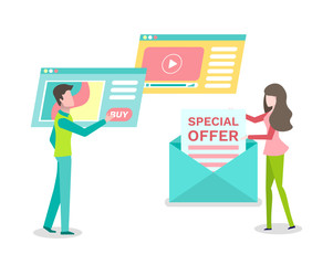 Man using website for buying, woman holding letter special offer in opening envelope. Message and online video and shopping icon, screen of web page vector