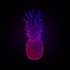Synthwave Vaporwave Retrowave neon vivid color vector pineapple on dark background. Design for poster, flyer, invitation club card. Eps 10.
