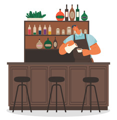 Barista at work pouring milk in coffee. Male character working in coffeehouse making beverages for clients. Shelves with liqueurs and additionals. Wooden counter of cafe, chairs for customers vector