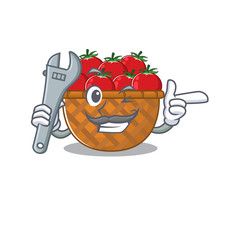 A picture of cool mechanic tomato basket cartoon character design
