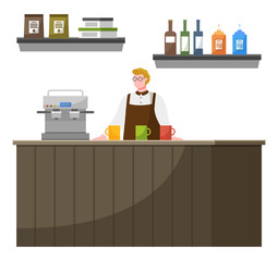 Typical cafe interior, workplace of barista. Furniture for coffeehouse like stance with coffee machine and shelves with products. Man at work serves customers. Vector illustration in flat style