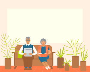  Isolation old people favorable for their health during epidemics. Senior couple smiling. Positive pensioner. Frame for information about the elderly. Flat vector illustration.