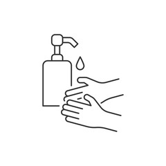 Washing your hands with liquid soap or disinfectant line icon. Editable stroke