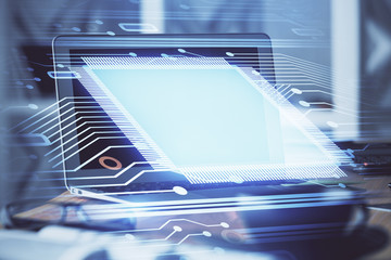 Obraz premium Multi exposure of computer on background and technology theme drawing. Concept of innovation.